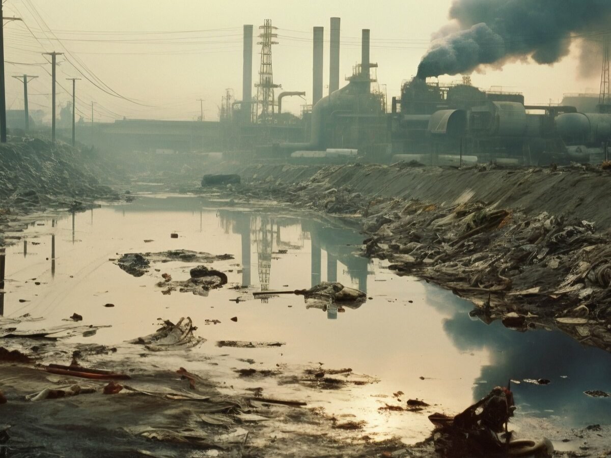 Polluted river and industrial pollution